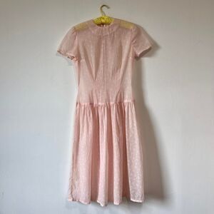 Vintage Sheer Pastel Pink Print Drop Waist Midi Dress Metal Talon Zip